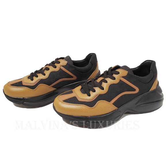 GUCCI SNEAKERS MENS RHYTON BLACK GG SUPREME BROWN LEATHER SHOES sz 8 8.5 - Picture 3 of 16